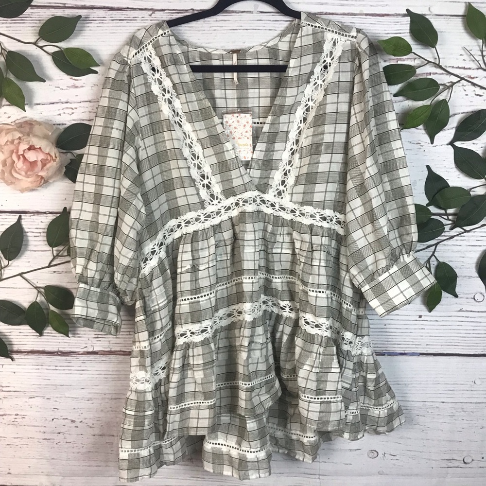 Free People Size Small NWT White Plaid Ruffle Time Out Lace Mini Tunic Dress